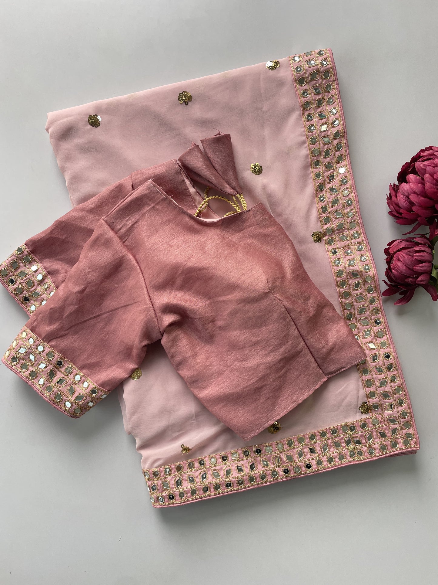 Party wear with mirror work saree light pink colour
