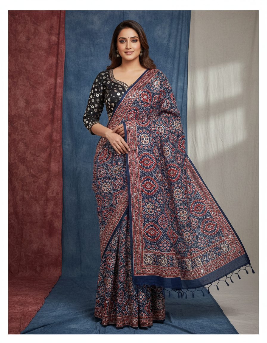 Ajrakh-inspired print saree mirror work-navy blue