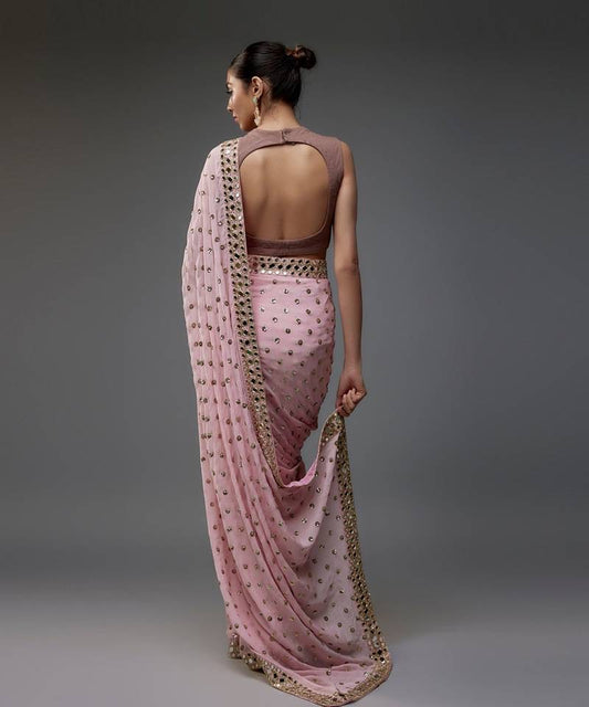 Party wear with mirror work saree light pink colour