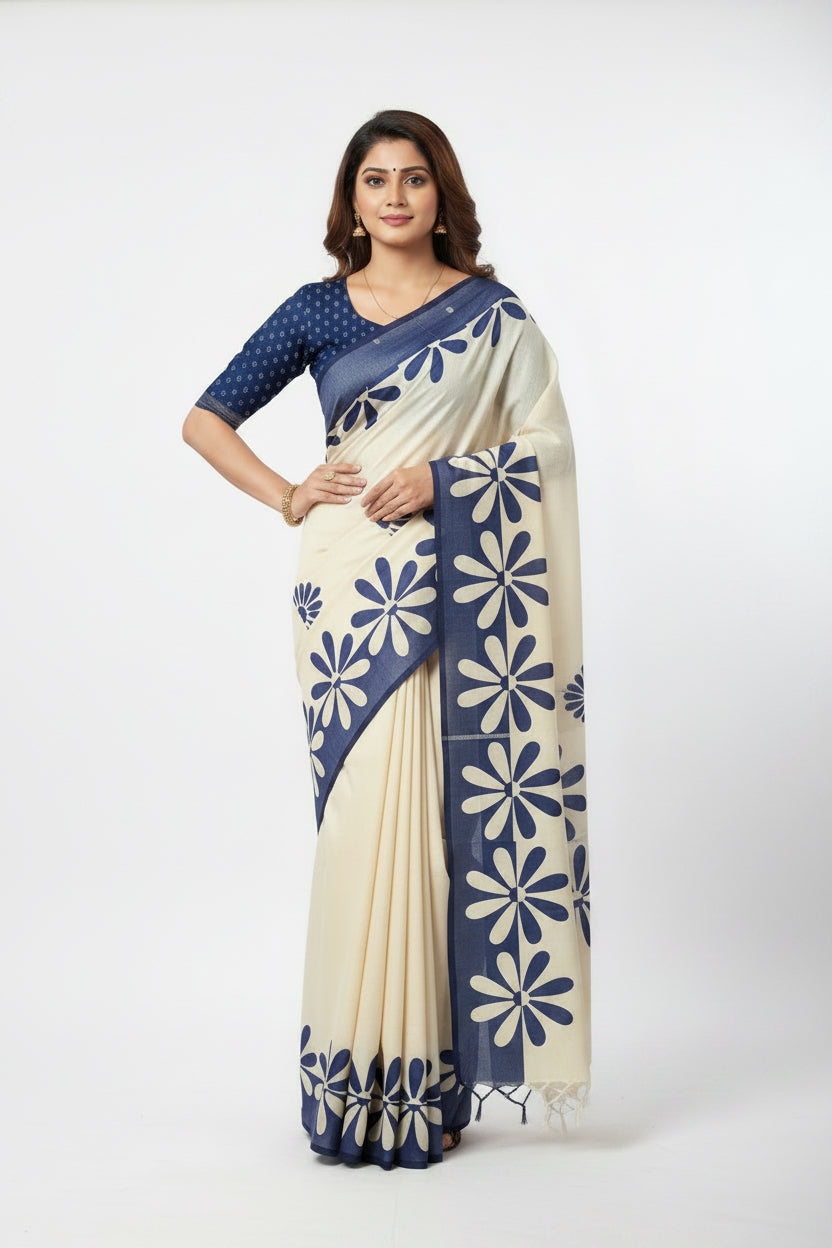 Kerala Cotton Flower Printed Sarees- Navy blue