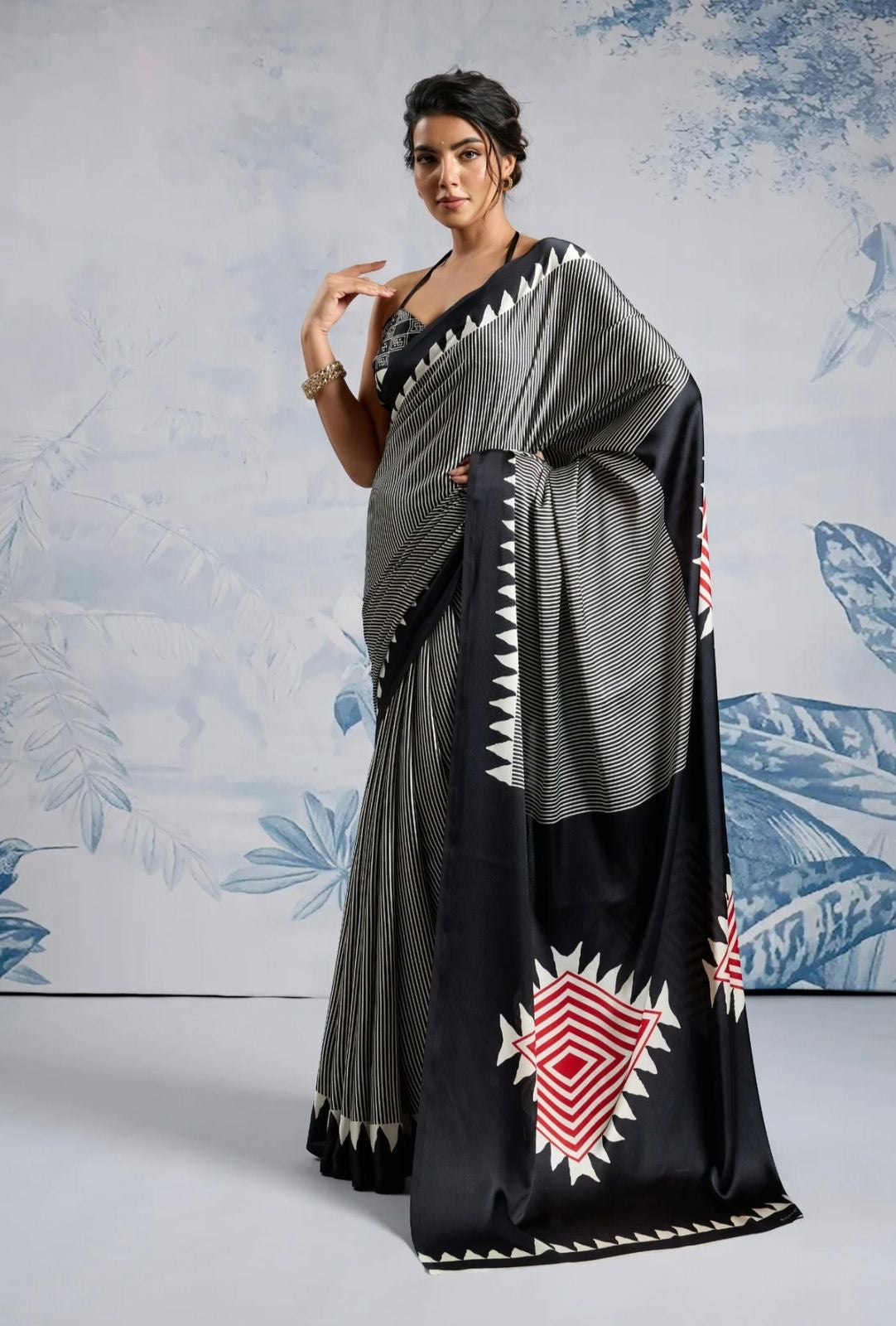 Satin Silk -black triangle print saree