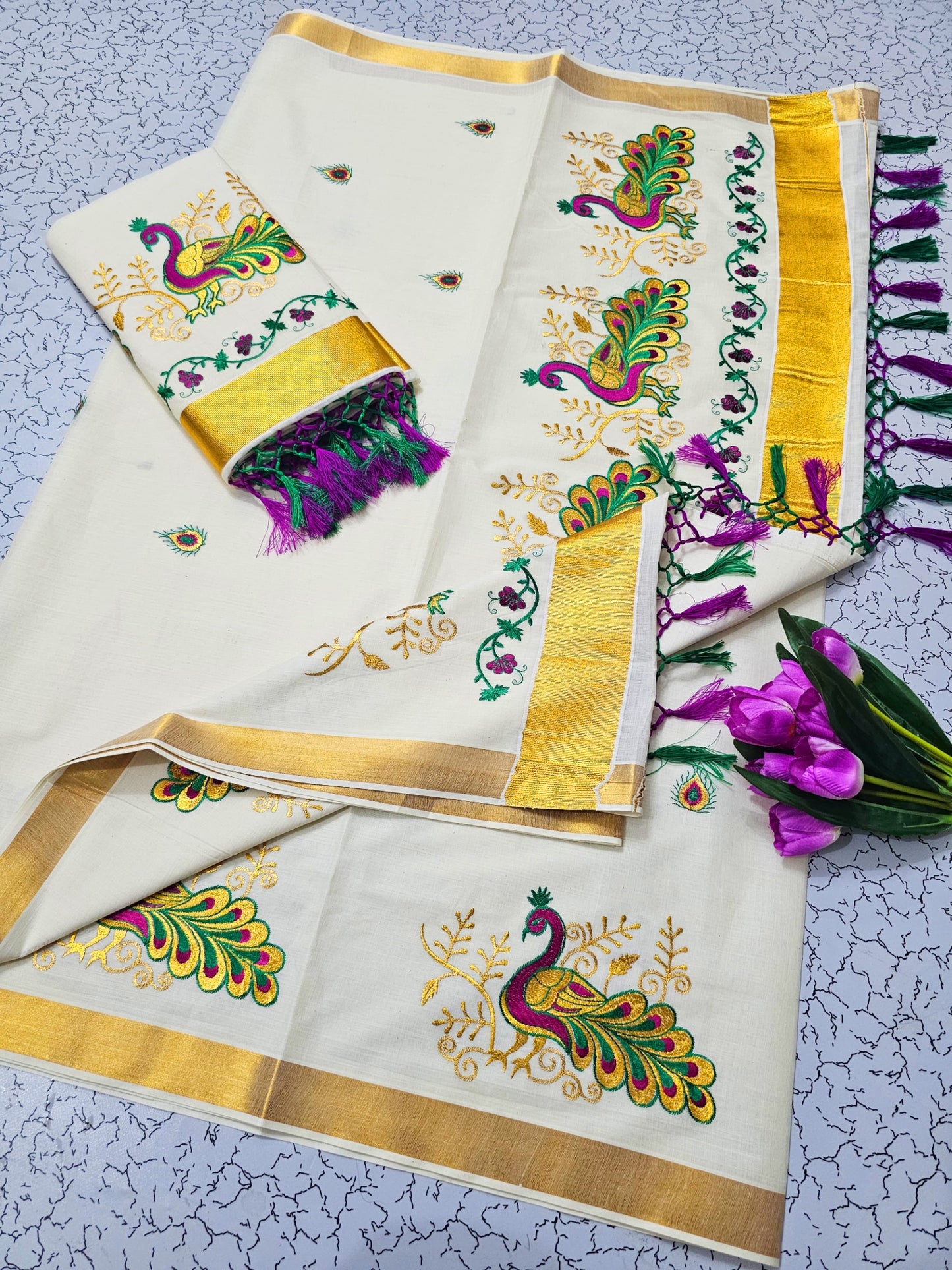 Kerala Cotton with peacock design -3 magenta green golden mix