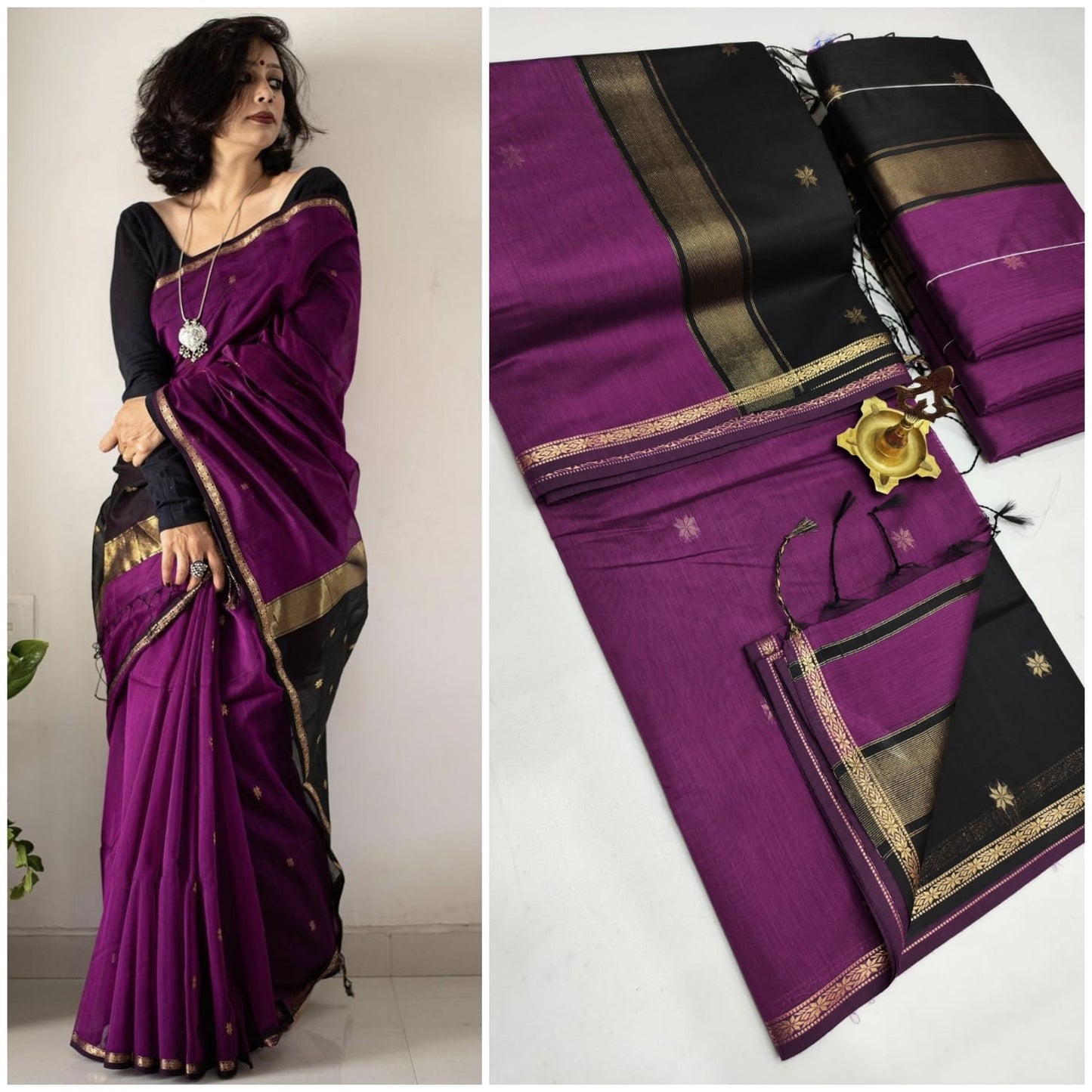 Kalyani cotton saree/Lata Gadw -black pallu with purple colour saree