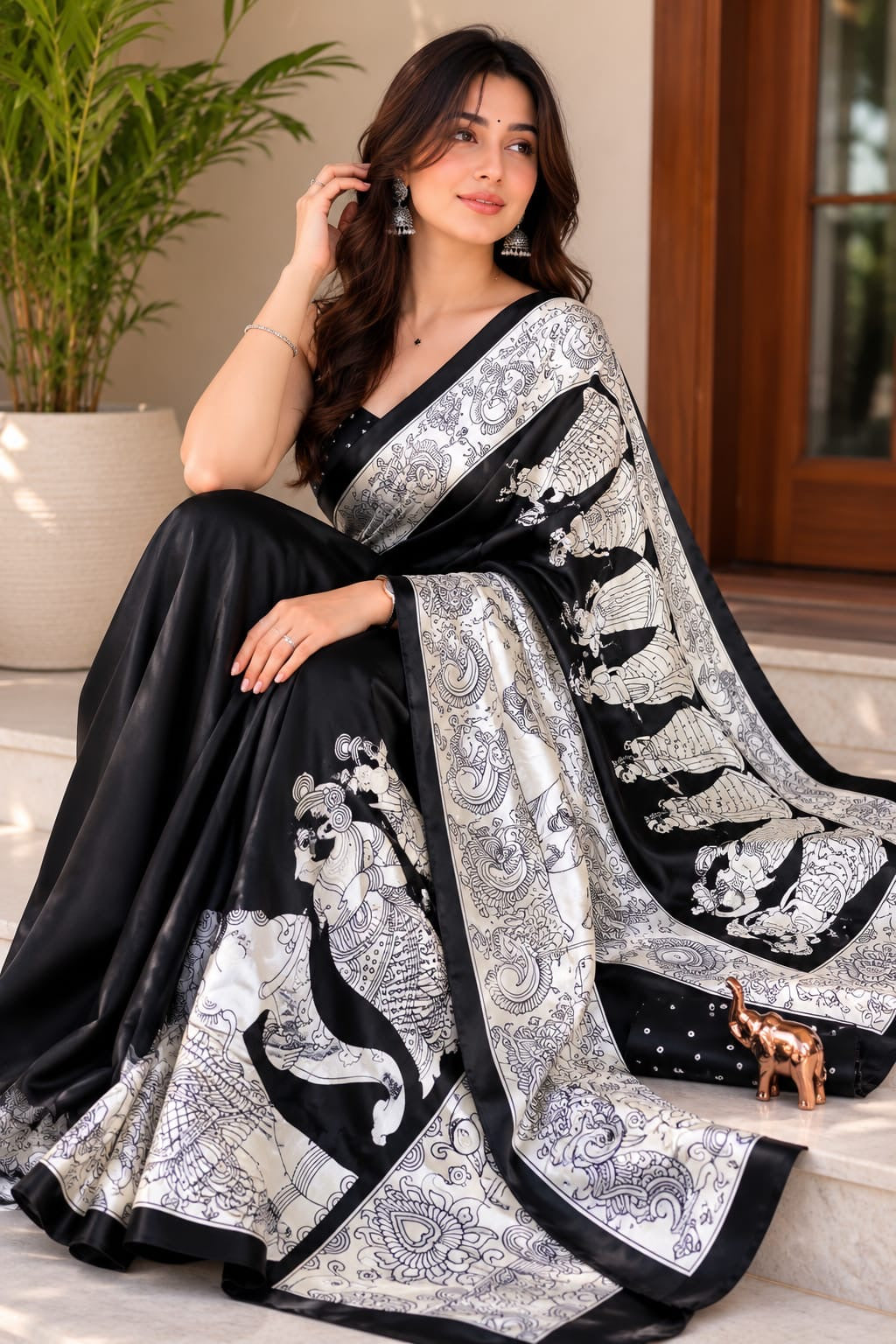 Kalamkari Dola Print saree Design -black Dola silk