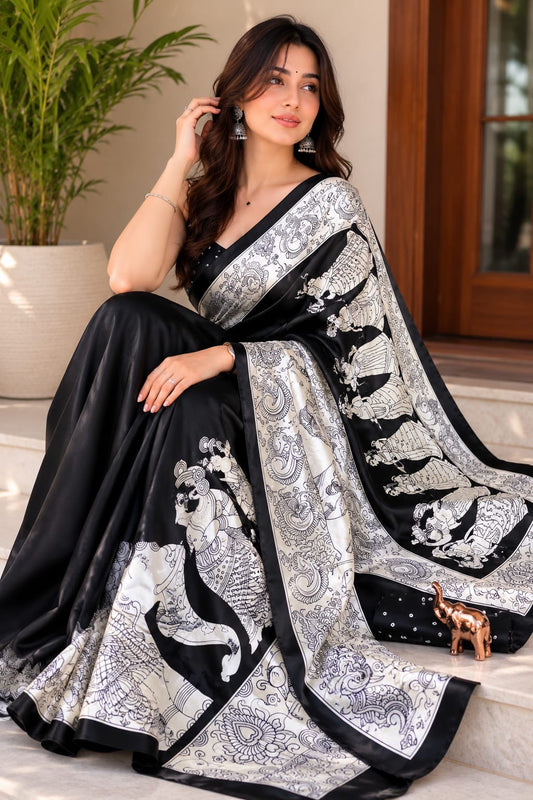 Kalamkari Dola Print saree Design -black Dola silk