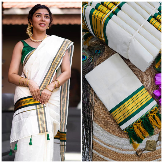 Kerala Cotton with green Kasav boader
