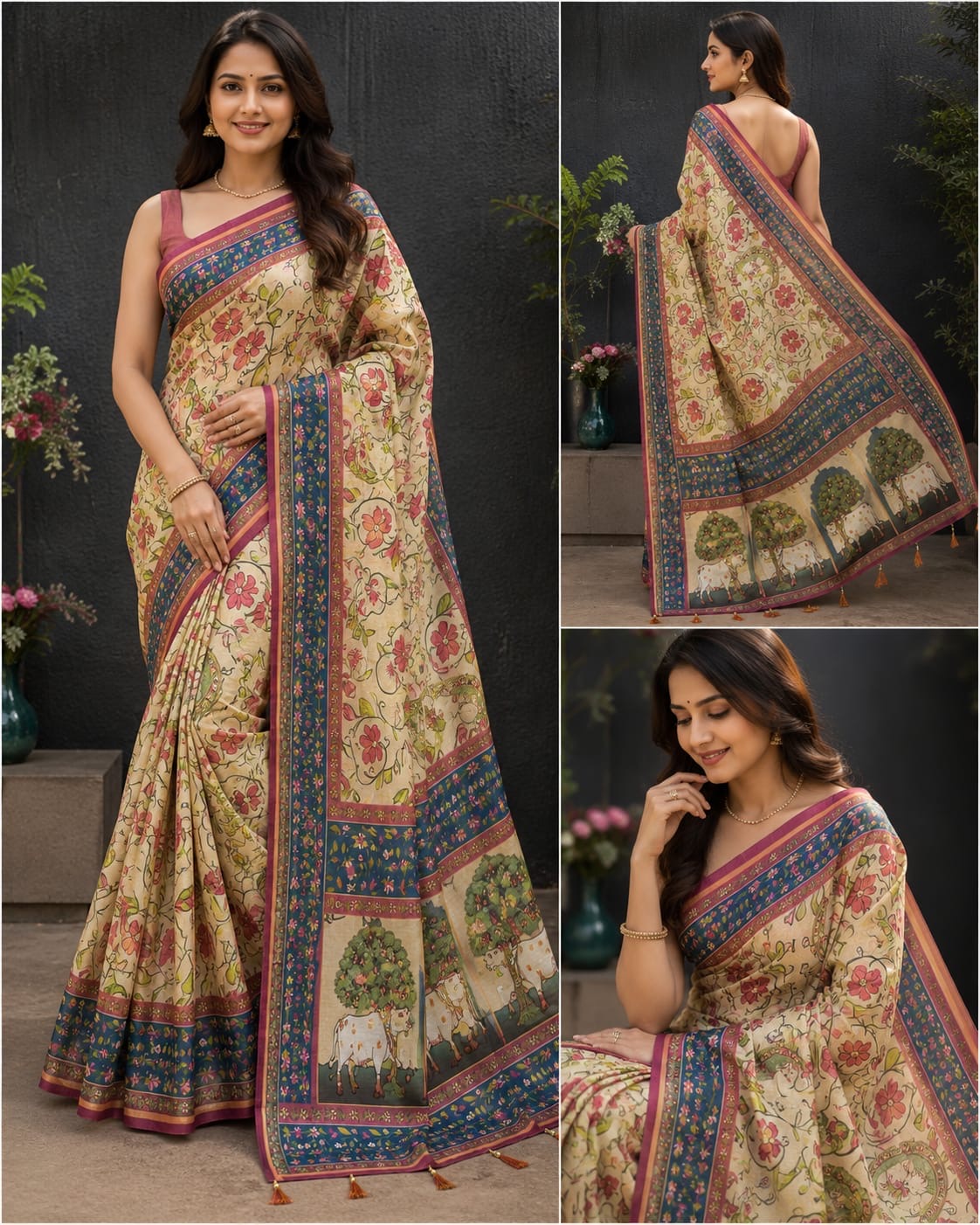 Kalamkari Dola Print saree -4 flower design
