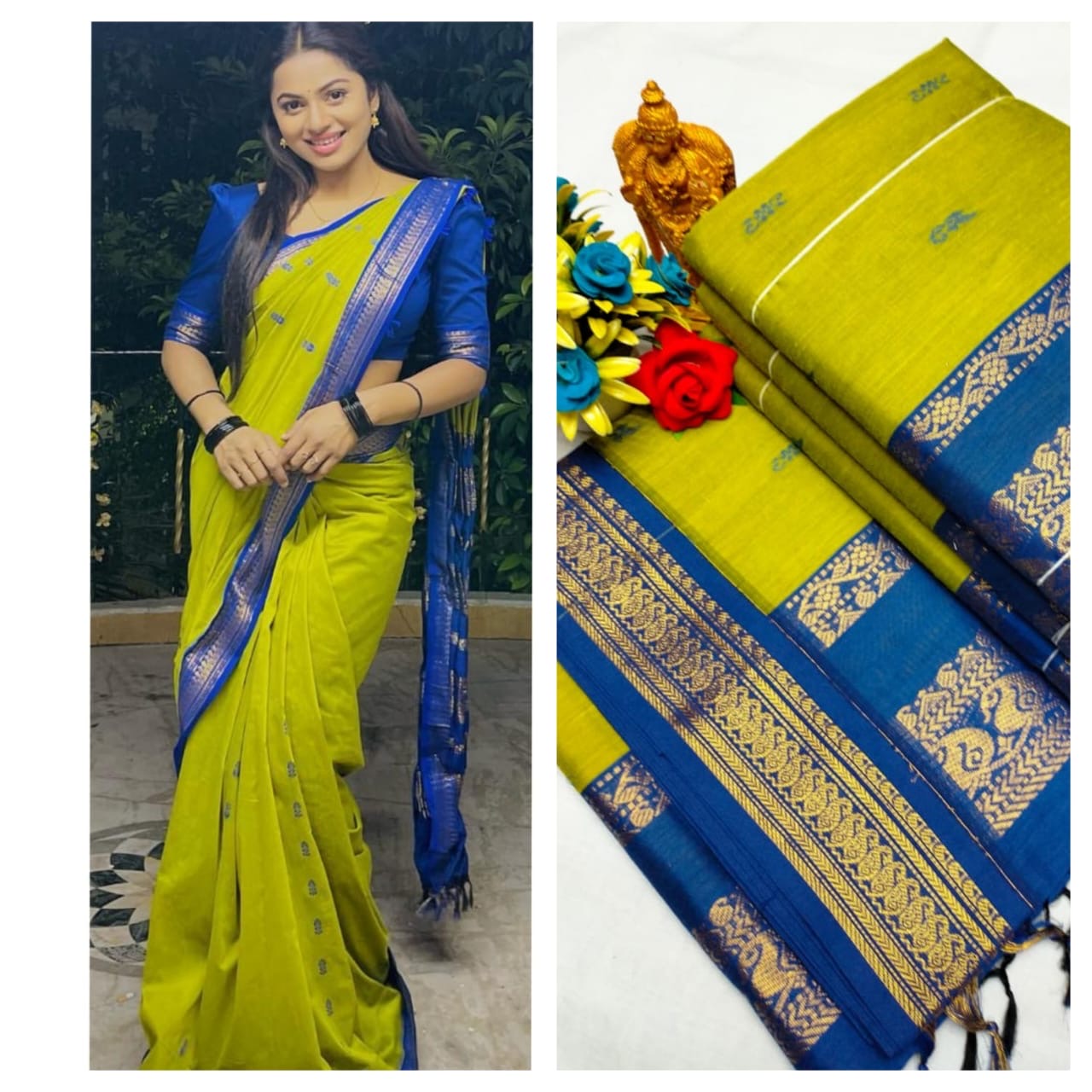 Kalyani cotton saree/Lata Gadwal Paithani -lemon green with blue boarder
