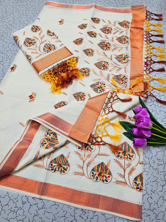 Kerala Cotton with peacock design -heart shape golden boarder