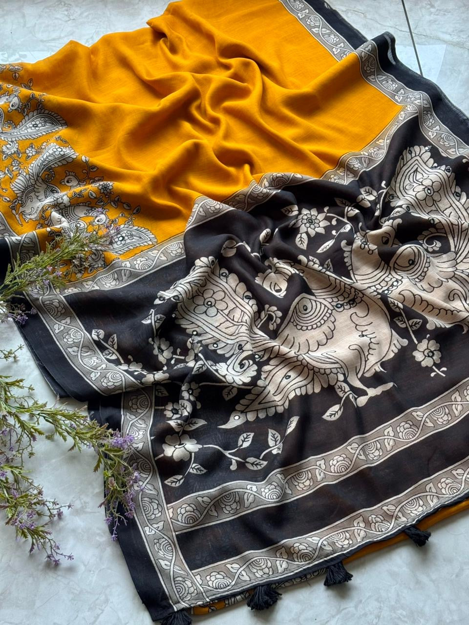 Kalamkari Dola Print saree Design -black Dola silk yellow black combination