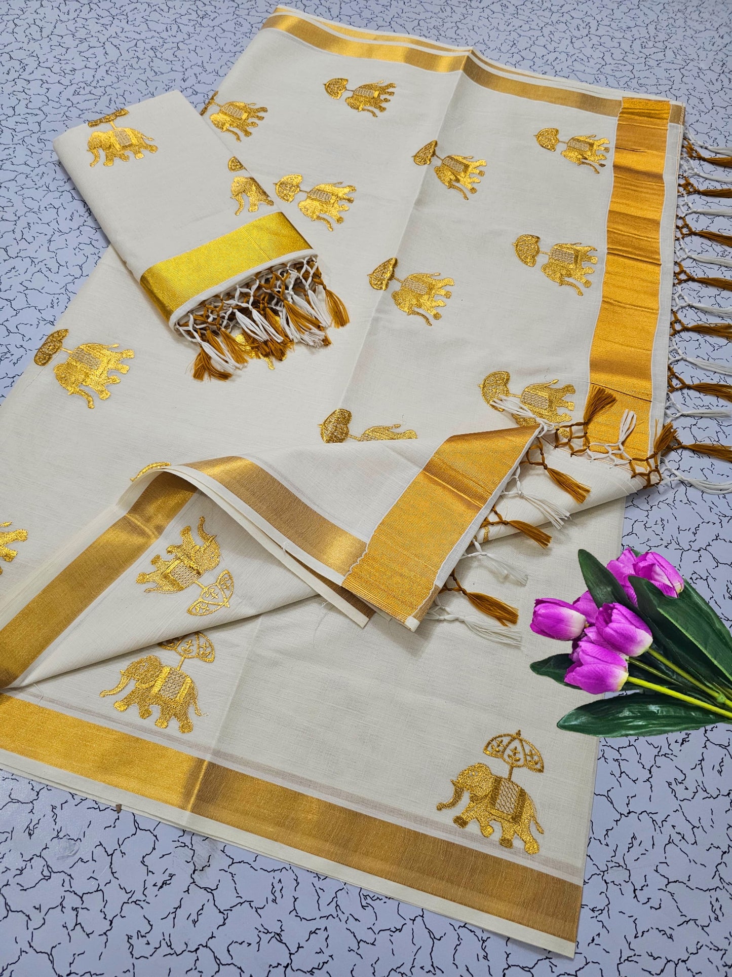 Onam special flower elephant design saree