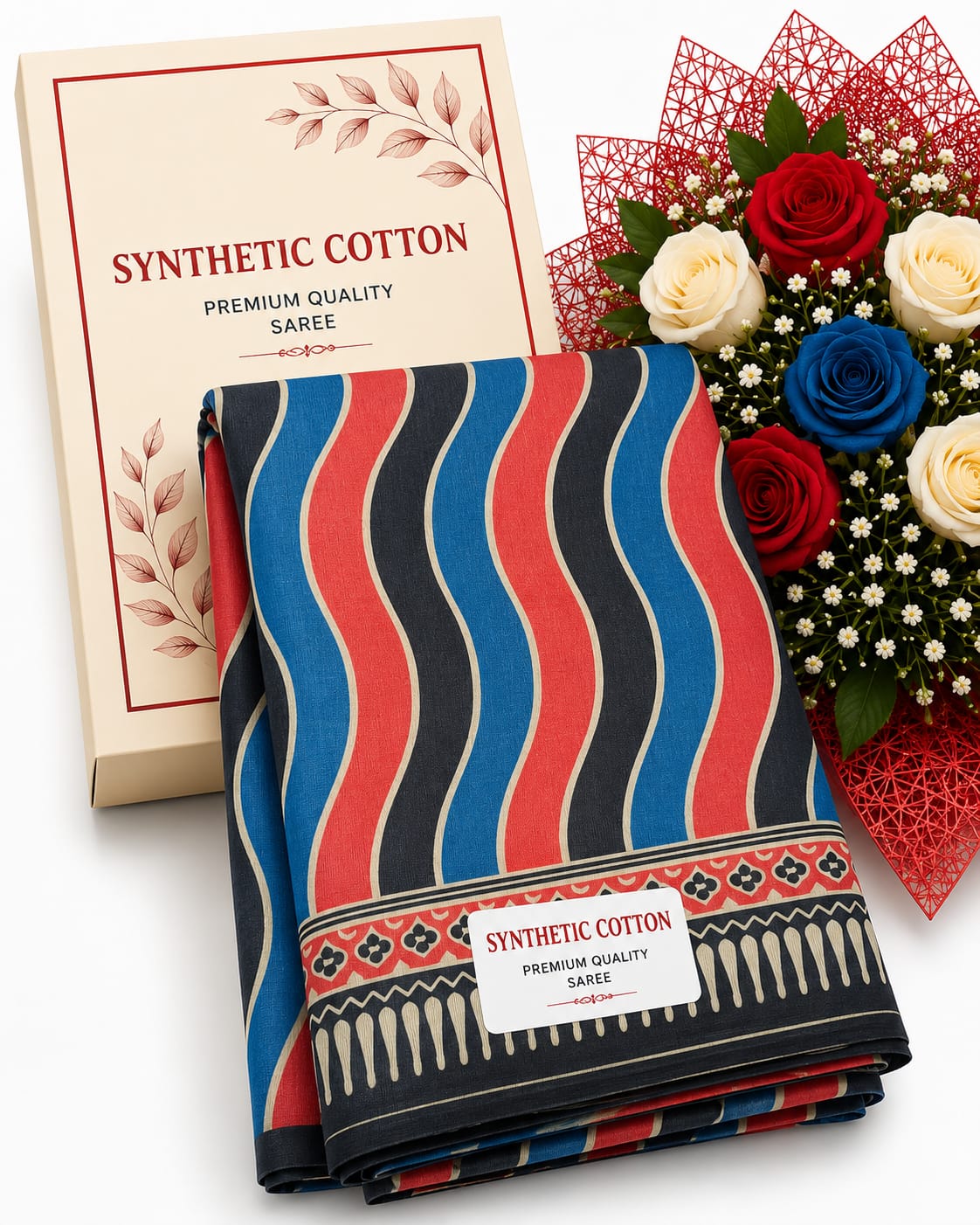 Synthetic Cotton -small flower -strips blue black cream