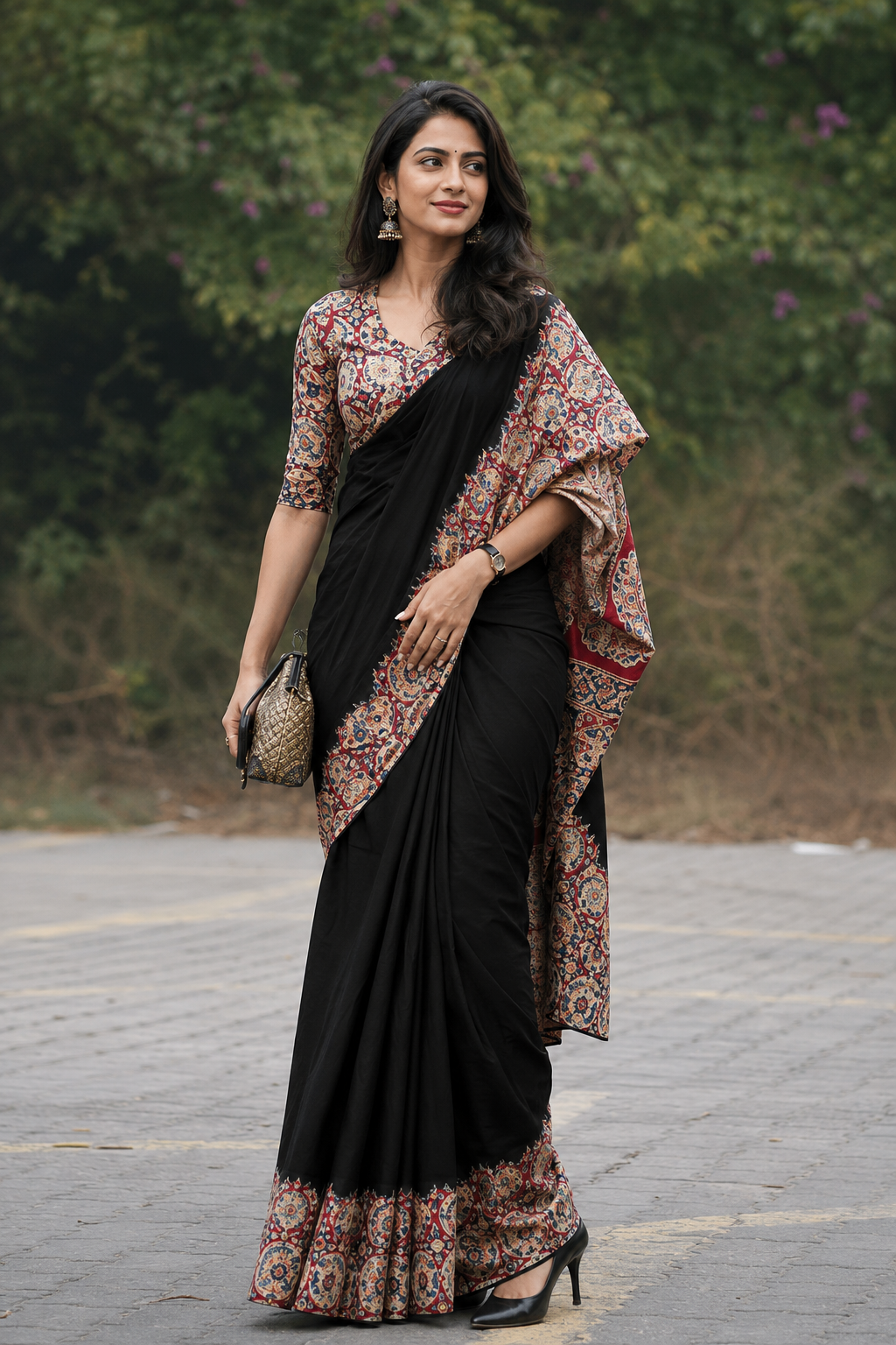 Linen cotton premium quality -black plain saree with boarder