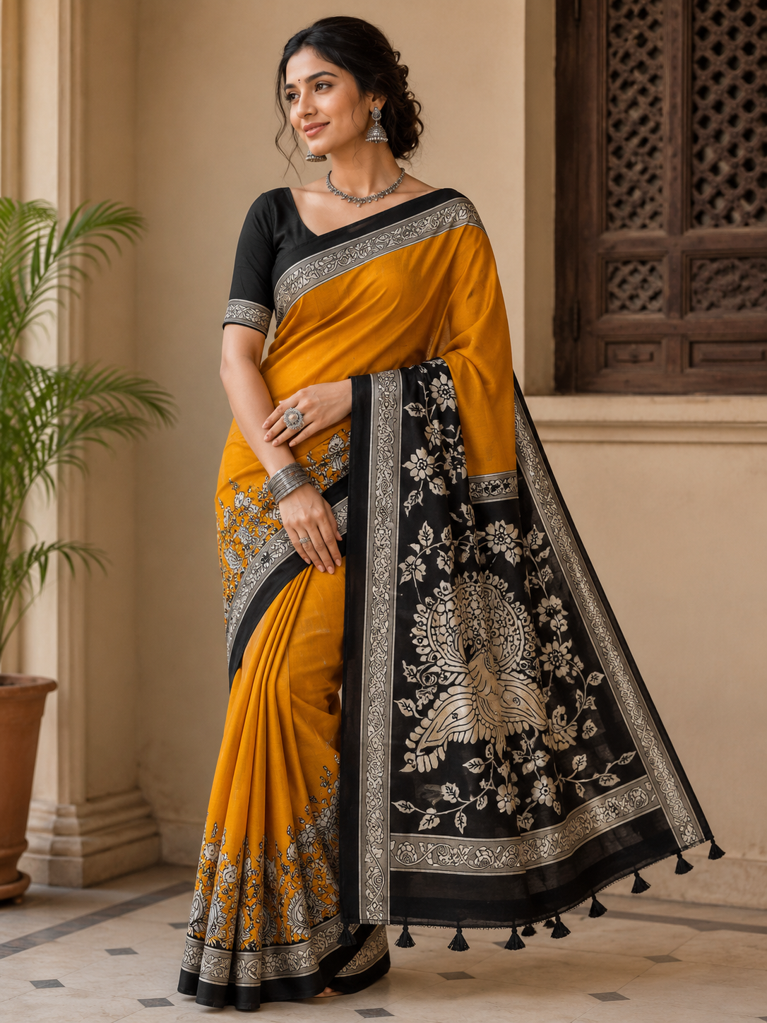 Kalamkari Dola Silk Print saree -1 -yellow and black