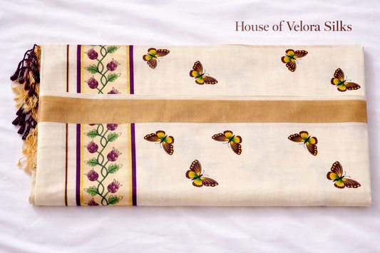 Kerala Cotton saree with butterfly design with blouse