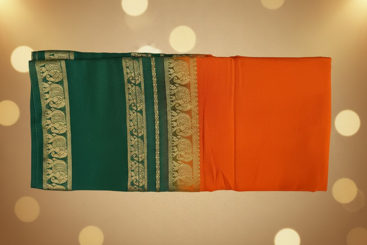 Semi-Crepe Silk Saree with Elephant Bentex Border | Contrast Color Designer Saree- Forest Green and Orange Saree with Traditional Elephant Bentex Border