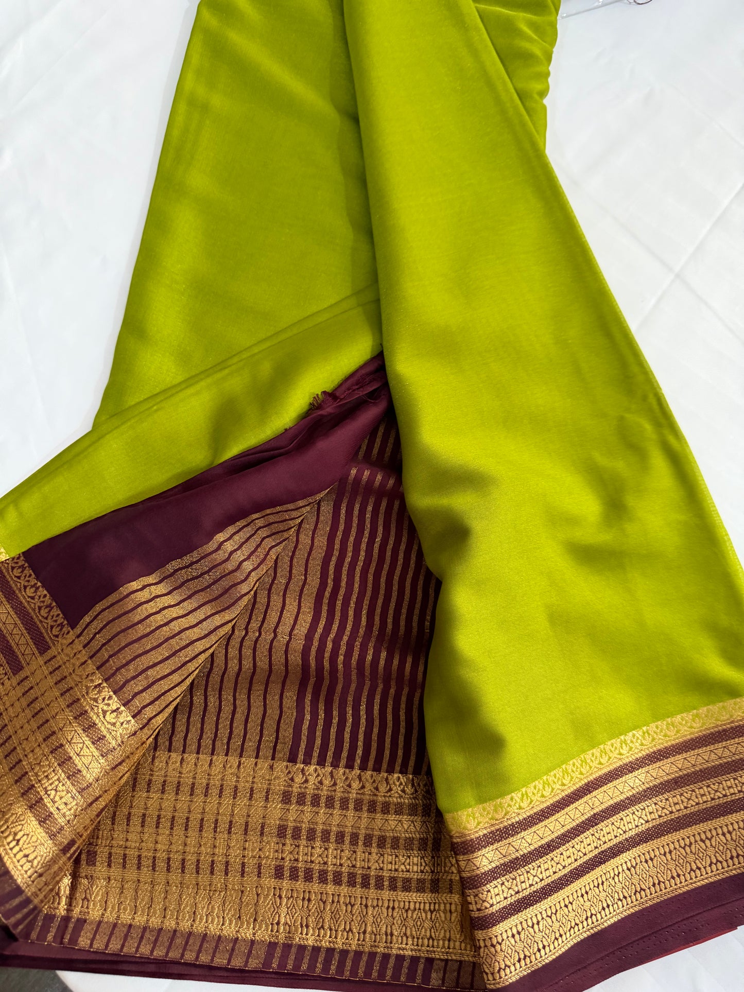 Mysore silk- lemon green with brown double boarder