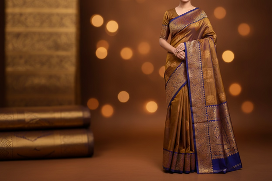 Semi-Silk in Kanchi boarder Saree- Mustard or Bronze-Gold