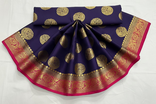 Banarasi soft silk - Navy Blue with circular patterns and contract blouse