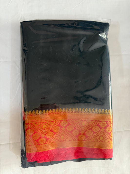 Banarasi saree soft silk -Black saree with red shade flower boarder