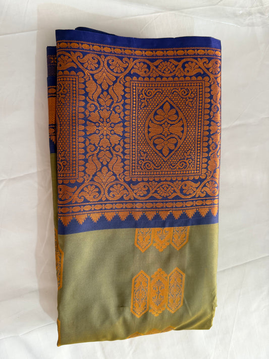 Semi-Silk in Kanchipuram boarder Saree -Olive Green and Navy Blue. Antique Gold Zari.
