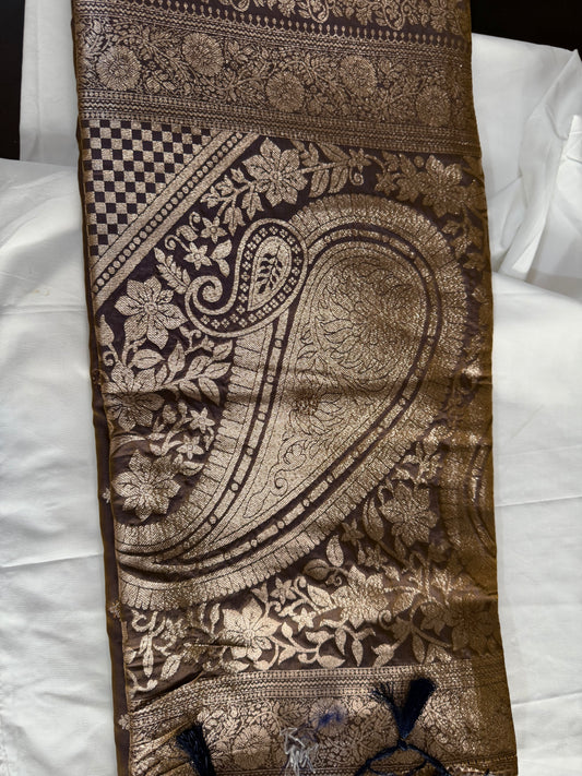 Banarasi Soft silk designer saree -Brown shining saree fabric with gold embroidery
