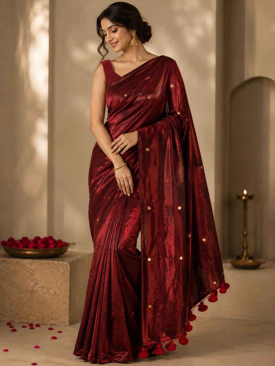 Kadhi Tissue Gini Saree - #peacock colour saree-maroon