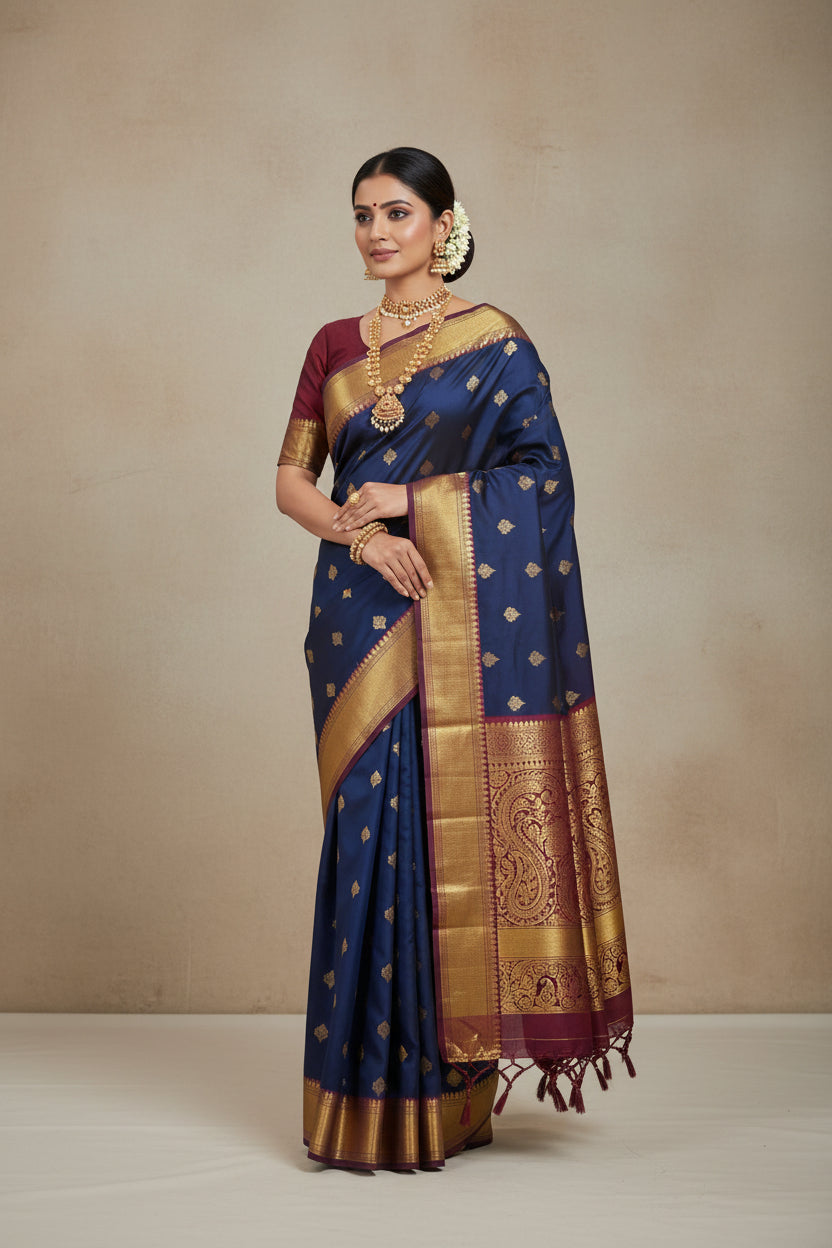 Silk in Kanchipuram boarder Saree with Zari boader -navy blue or violet base