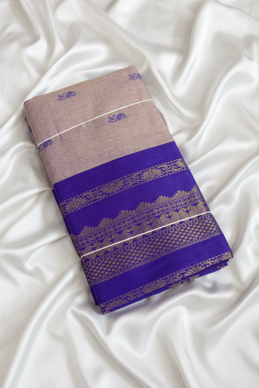 Kalyani cotton saree/Lata Gadwal Paithani -light grey with blue boarder