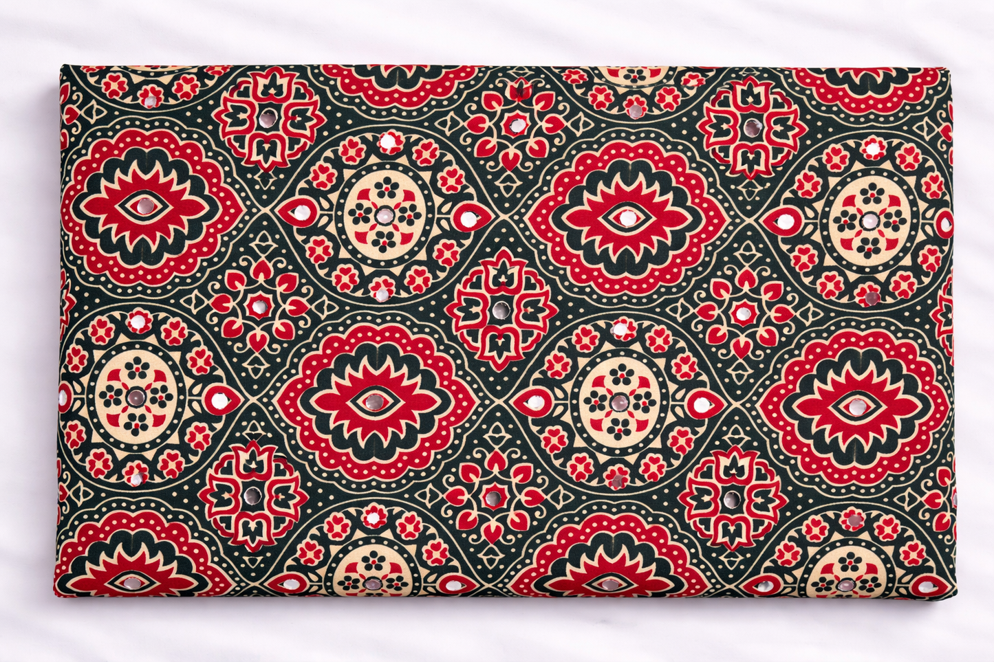 Ajrakh-inspired print saree mirror work