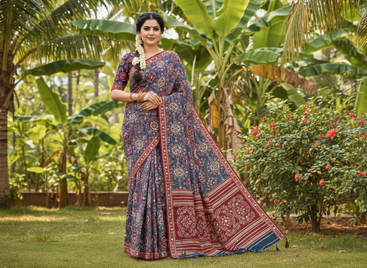 Ajrakh-inspired print saree mirror work