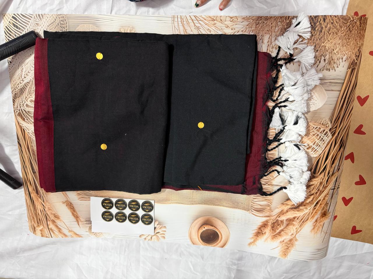 Kadhi cotton saree - with gold cirlce buttas over saree - Black saree with maroon pallu