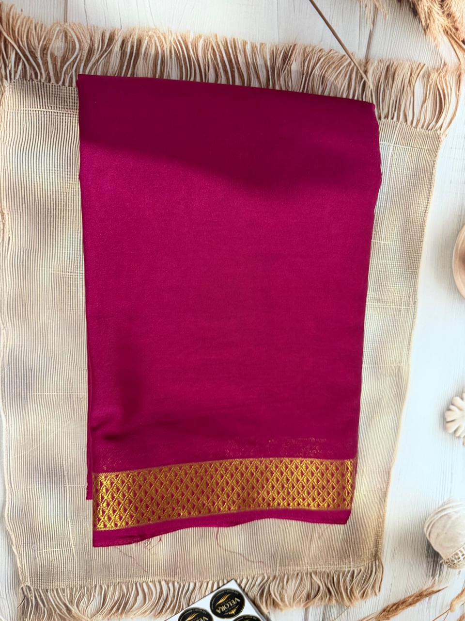 Mysore crep semi -Silk Blend Saree Featuring Rich Traditional Gold Border- Rani Pink