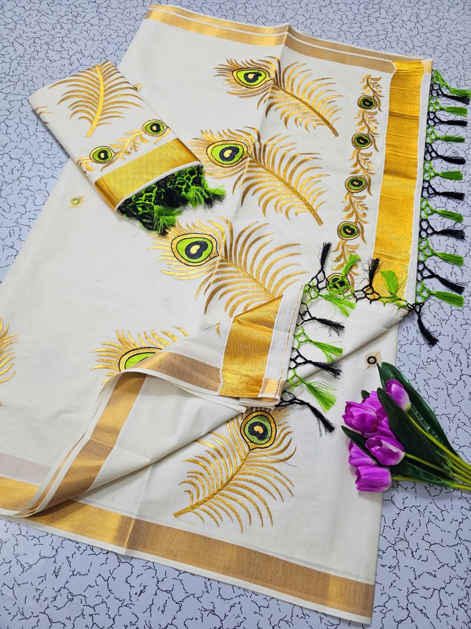 Kerala Cotton with leaf with Yellow green design