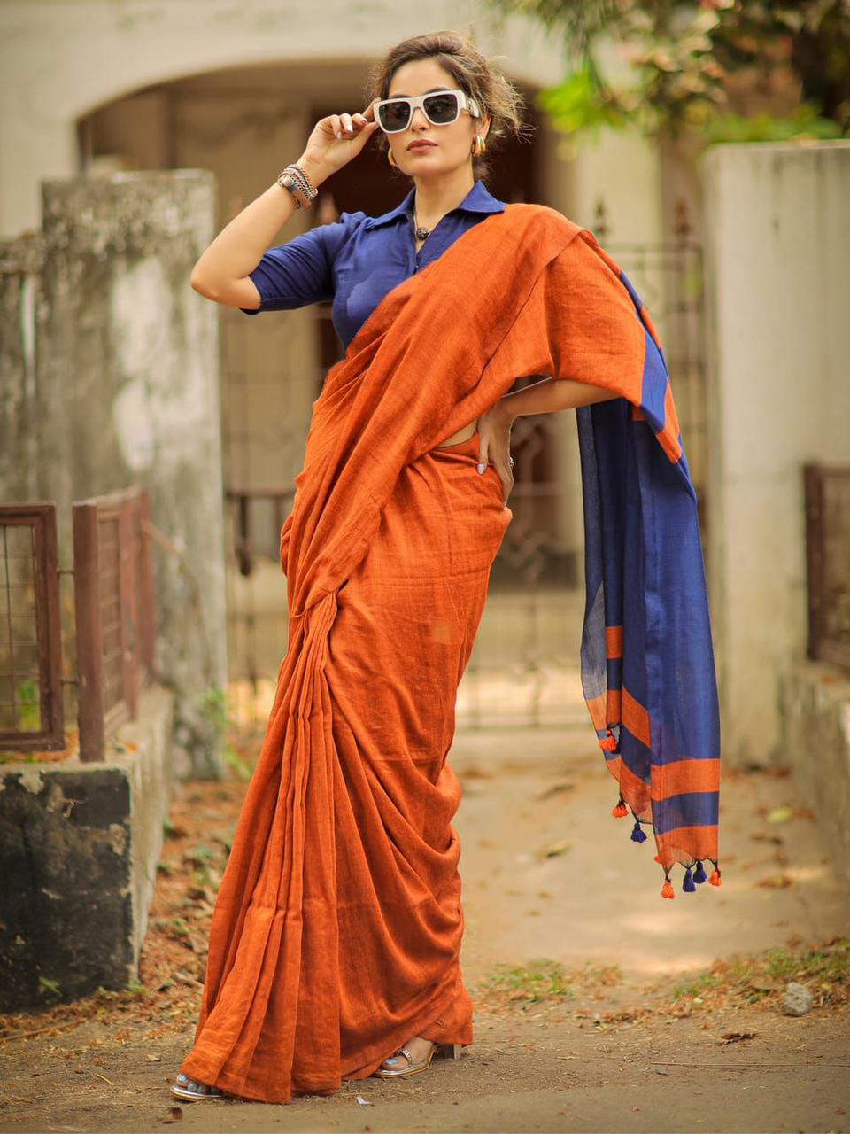 Premium Cotton Linen Saree UNSTICHED BLOUSE PIECE-Orange