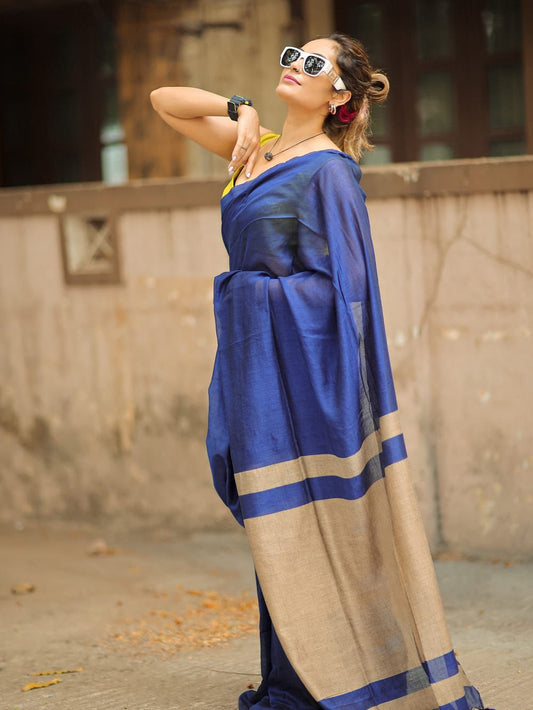 Premium Cotton Linen Saree UNSTICHED BLOUSE PIECE-Royal Blue