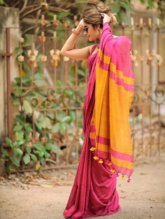 Premium Cotton Linen Saree UNSTICHED BLOUSE PIECE-Pink