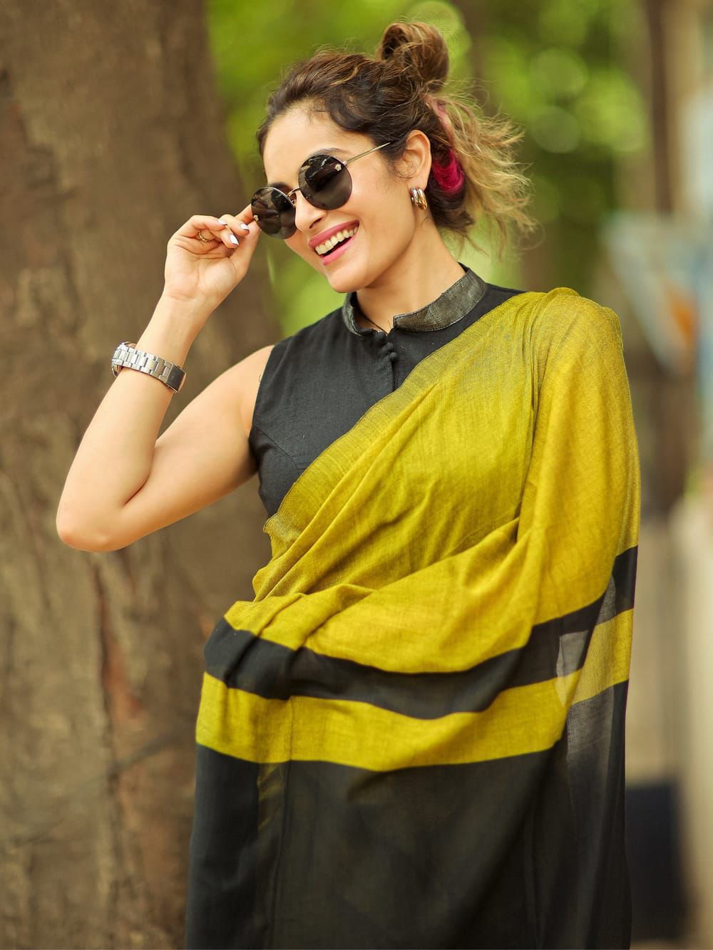 Premium Cotton Linen Saree UNSTICHED BLOUSE PIECE-Pale yellow with black boarder.
