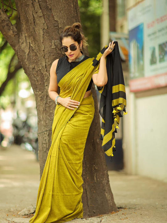 Premium Cotton Linen Saree UNSTICHED BLOUSE PIECE-Pale yellow with black boarder.