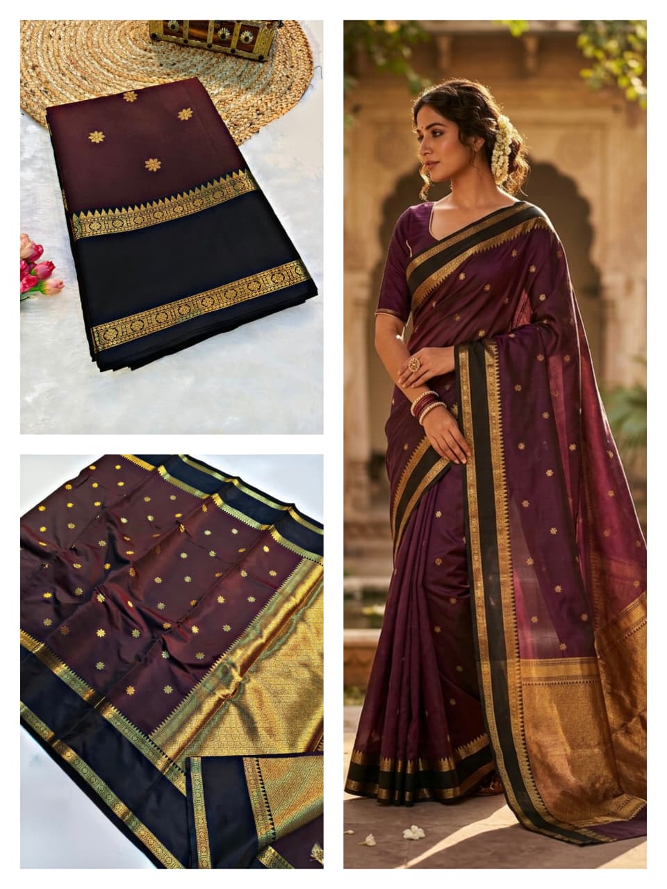 Banarasi Semi Katan soft silk Boota - Booti weave over saree gold zari boarder - brown clolour