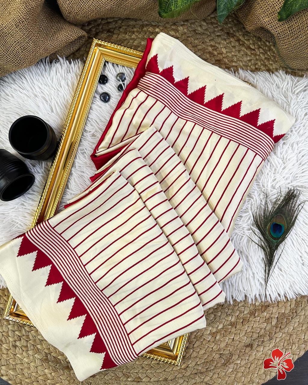 Satin Silk -red and cream with triangle boarder