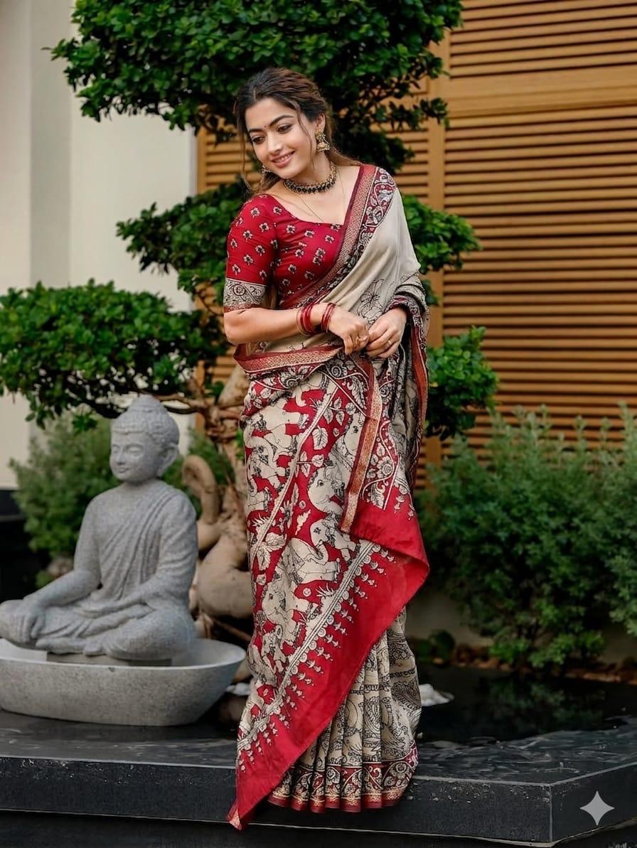 Kalamkari Dola Print saree Design -7 -dola Silk - red and cream