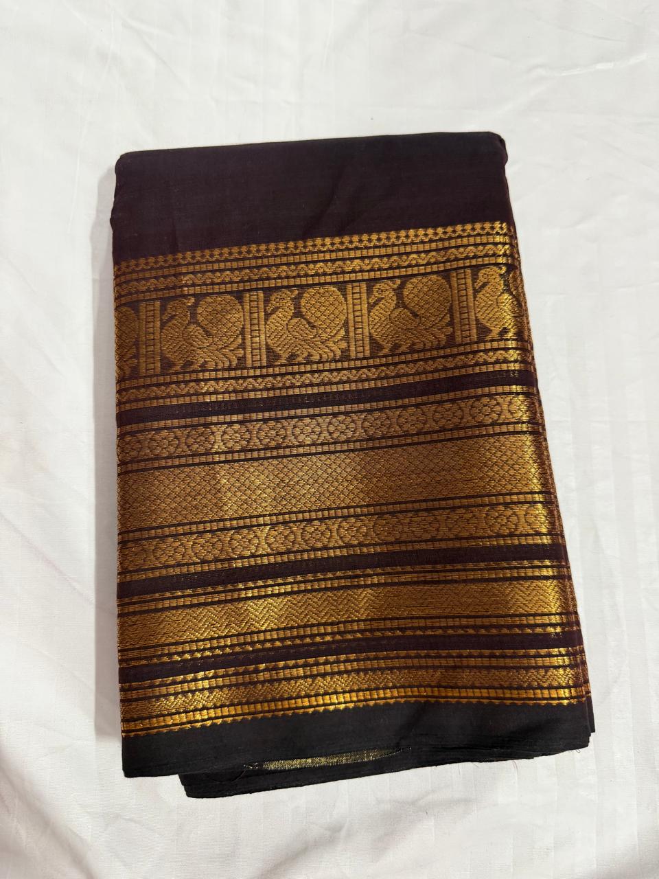 Kanchi Cotton Sarees- dark brown with golden kanchi boarder