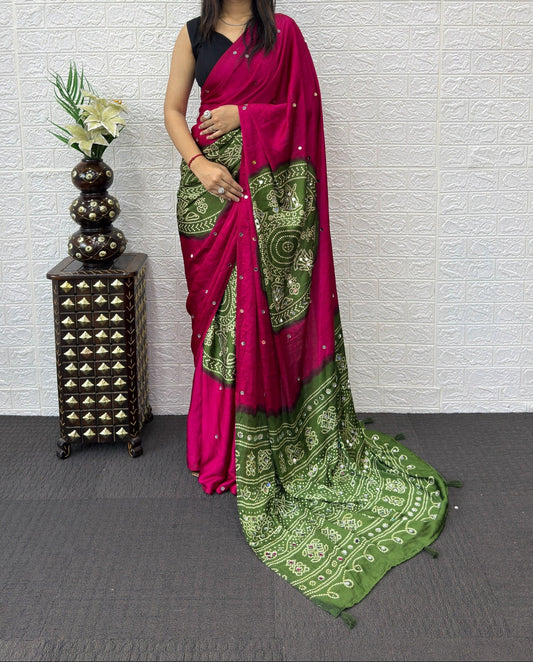 Ajrack model Silk with mirror work - Light green with Pink