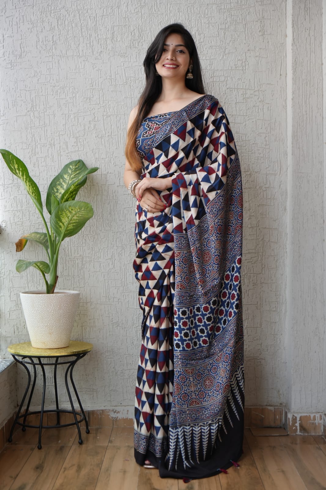 Gajji Modal silk- Printed with multi colour triangle- navy blue