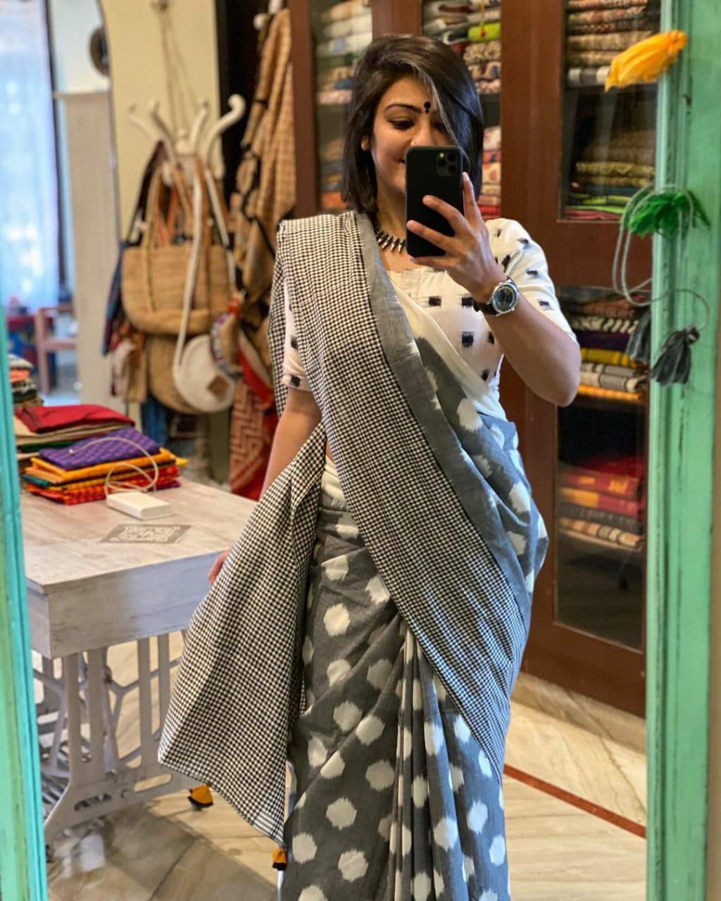 Premium Cotton Linen Saree cotton premium quality-grey with white dots