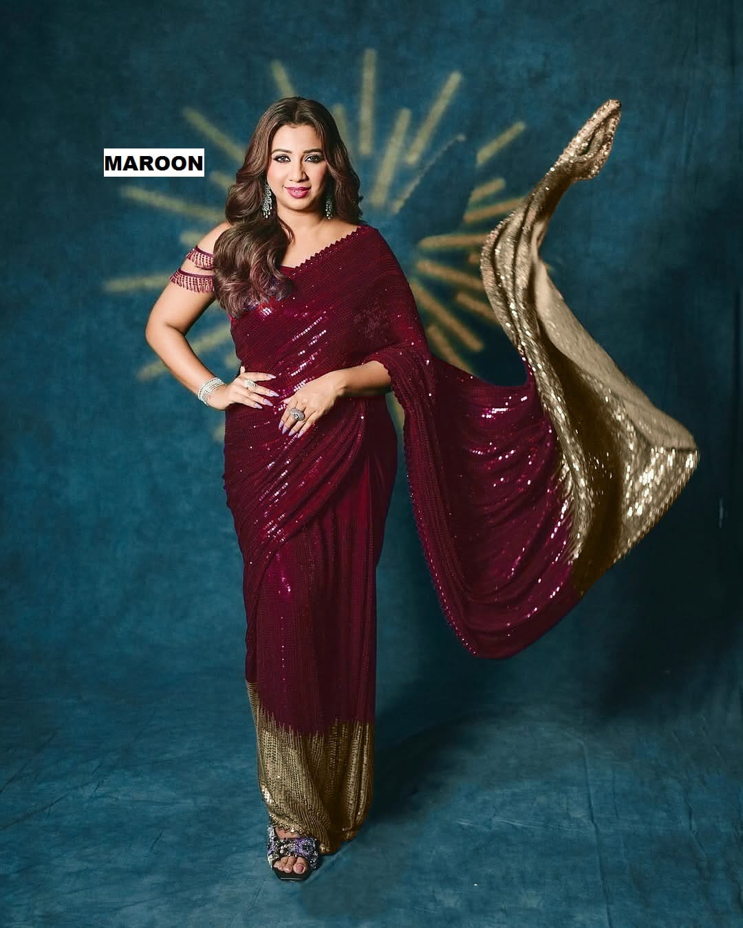 Marron Sequins Party Wear Saree with Gold Pallu