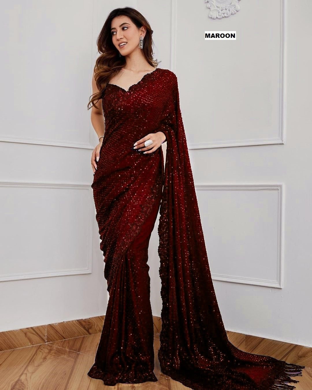 Maroon Sequins Party Wear Saree