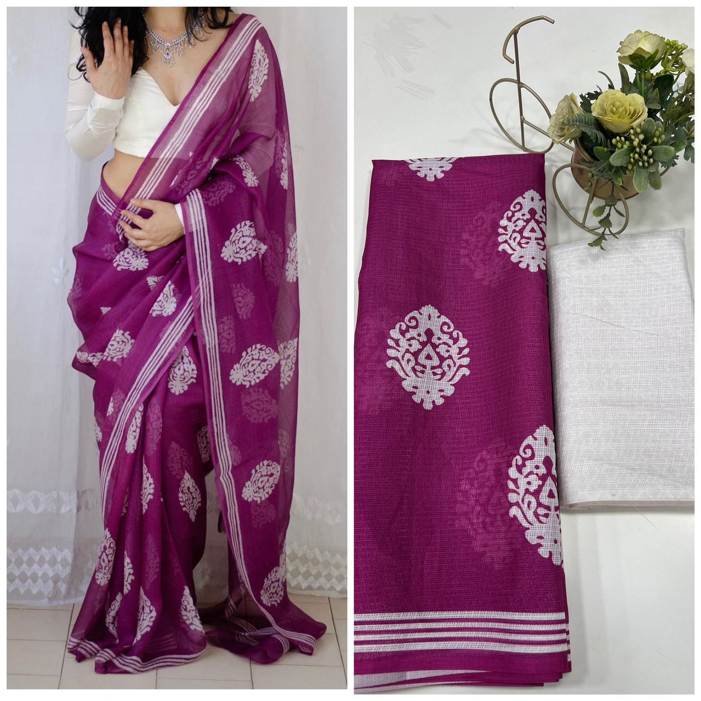 Premium Cotton Linen Saree cotton premium quality-wine with white