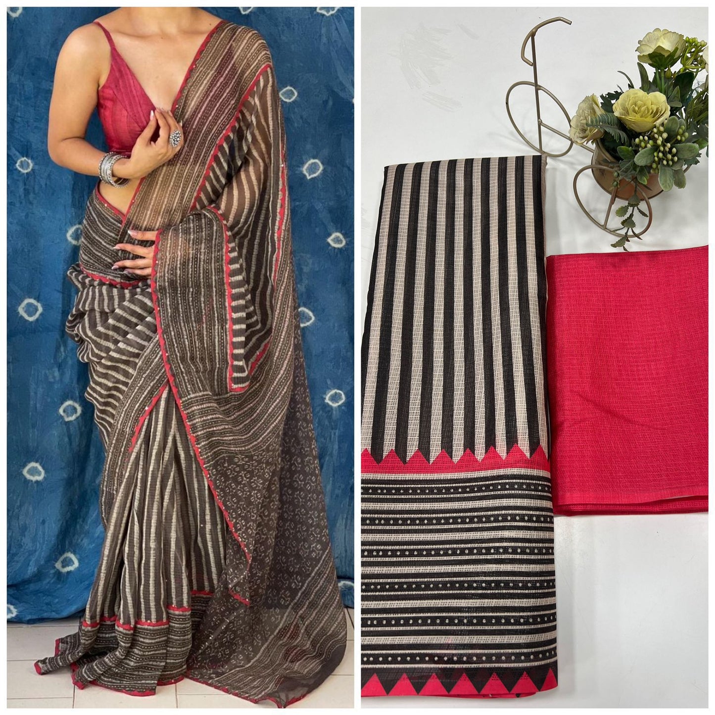 Premium Cotton Linen Saree cotton premium quality-black strips and red boarder